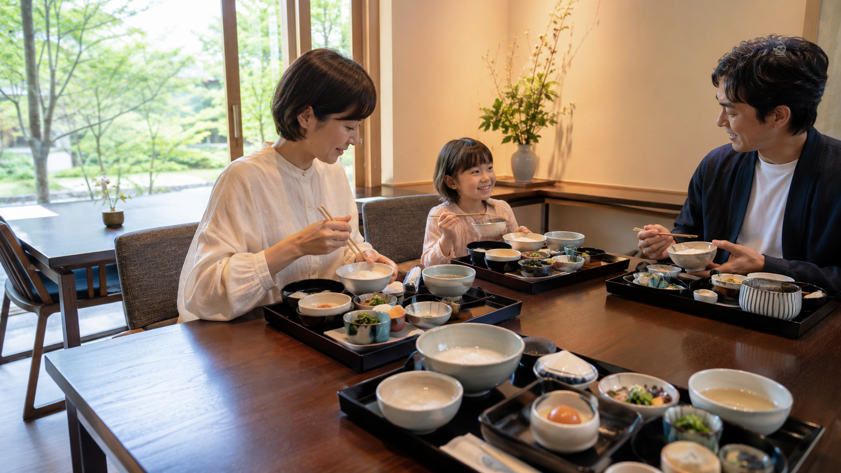 瓢亭別館をイメージした椅子席で朝がゆと和食を楽しむ日本人家族