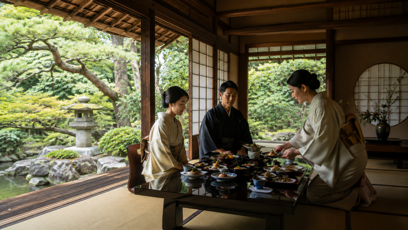 瓢亭本館をイメージした茶室で日本庭園を眺めながら楽しむ懐石料理