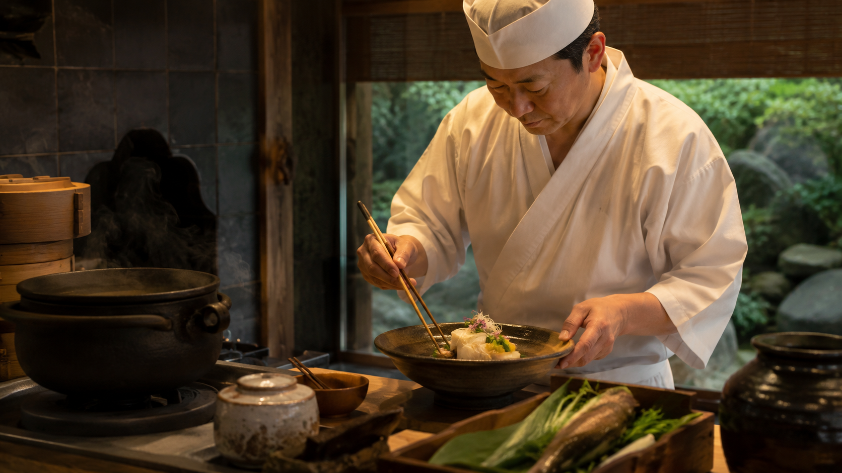 京都の老舗料亭瓢亭の伝統と革新をイメージした日本料理人の調理風景