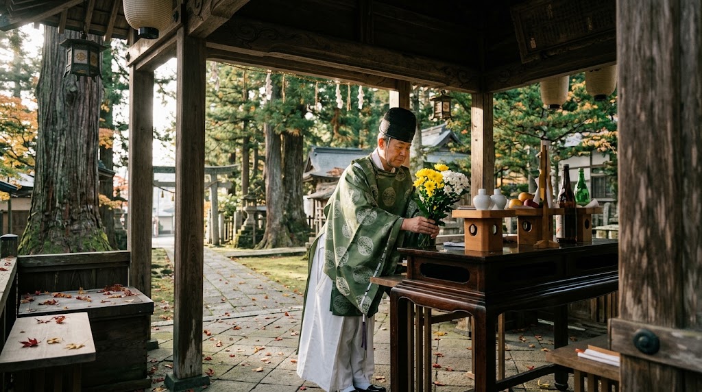 上賀茂神社の重陽神事で、神前に色鮮やかな菊花を供えて延命長寿と災難除を祈願する神職