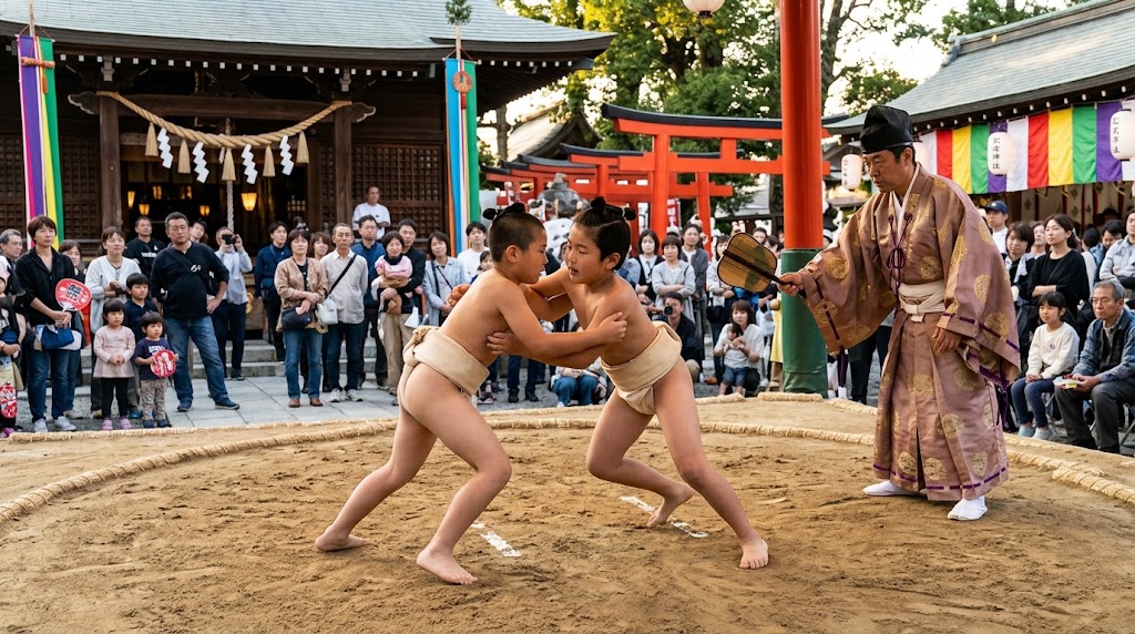 上賀茂神社の境内に設けられた土俵で、禰宜方と祝方に分かれて真剣に取組を奉納する子どもたち