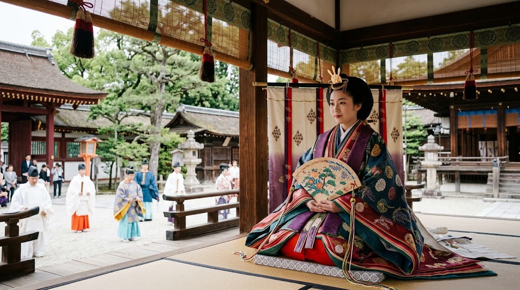 葵祭の斎王代が雅やかな十二単姿で細殿から上賀茂神社の烏相撲を陪覧する様子