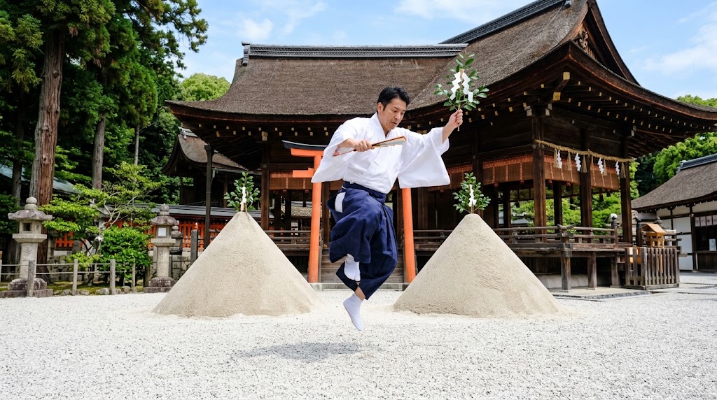 上賀茂神社の細殿前に立つ2基の円錐形の立砂の前で、八咫烏にちなんだ烏跳びの所作を行う白装束の刀禰