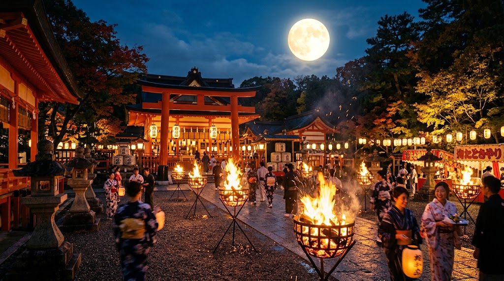 上賀茂神社の賀茂観月祭で境内を照らすかがり火と夜空に浮かぶ中秋の名月