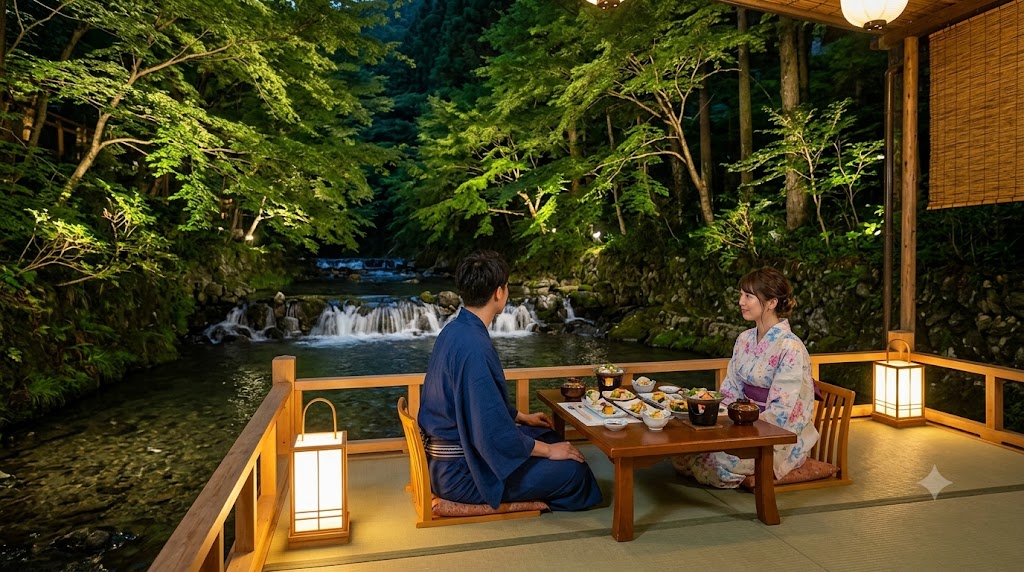 京都の奥座敷、貴船の川床で楽しむ夏の夜の食事。清流の音と青もみじのライトアップ。