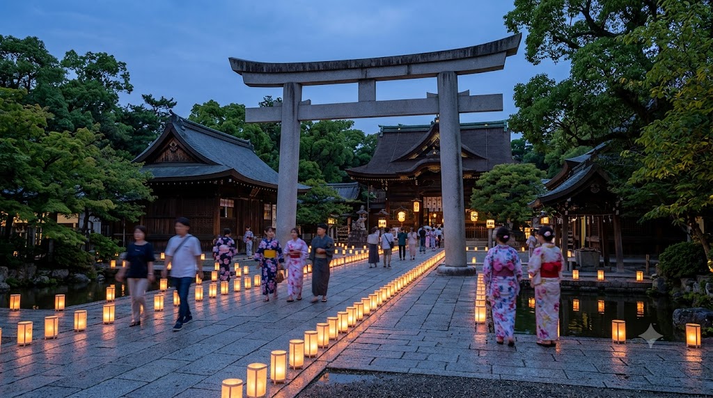 夕暮れ時の北野天満宮で行われる北野萬燈会。境内の参道沿いに数千もの灯籠(ともしび)が点灯し、幻想的な光の列を作り出している。浴衣姿のアジア人参拝客たちが静かに歩き、社殿や石灯籠が夜の闇に浮かび上がる。