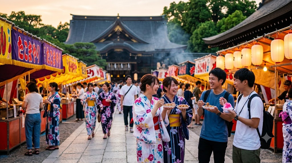 京都北野天満宮の境内広場で開催されている北野夏祭りの様子。夕暮れ時、参道沿いに多数の屋台(出店)が並び、提灯の暖かな光に包まれている。浴衣や軽装姿のアジア人参拝客たちが楽しそうに歩き、賑やかなお祭りの雰囲気が漂う。