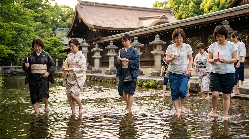 京都北野天満宮の御手洗川足つけ燈明神事。夏の昼下がり、澄んだ水に素足を浸し、灯明(ろうそく)を手に持ちながら歩くアジア人の参拝客たち。背景には石灯籠と神社の社殿が見え、静かで清らかな雰囲気が漂う。