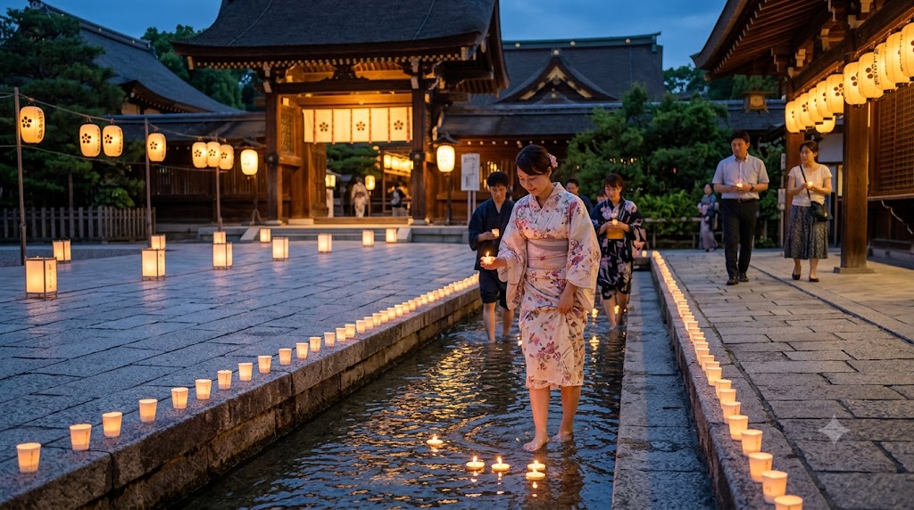 夕暮れの北野天満宮で、日本人女性が御手洗川に足をつけ、ろうそくの灯りを見つめている。
