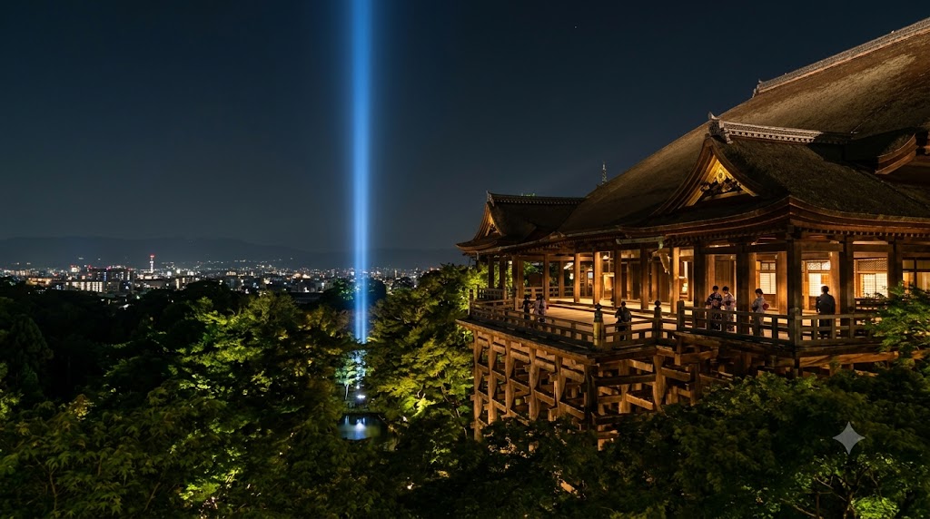 京都の夏の夜空に伸びる清水寺の青い光。夜間特別拝観でライトアップされた本堂と舞台