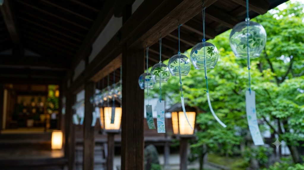 京都の夏の夜、風鈴とほのかな灯りが揺れる寺社の軒先。夏の風情と夕涼みの様子。