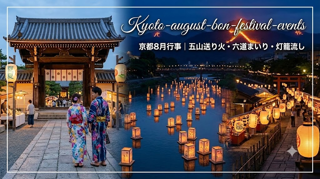 京都のお盆行事を象徴する、送り火、灯籠流し、ライトアップされた寺院。