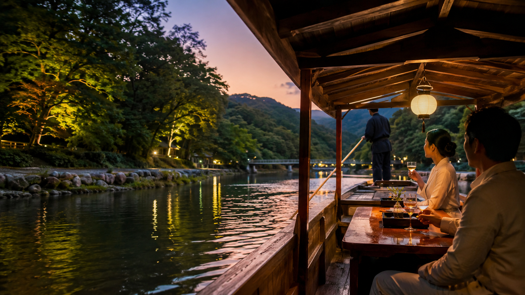 京都吉兆 嵐山本店のお舟遊びをイメージした夕暮れの嵐山の川舟