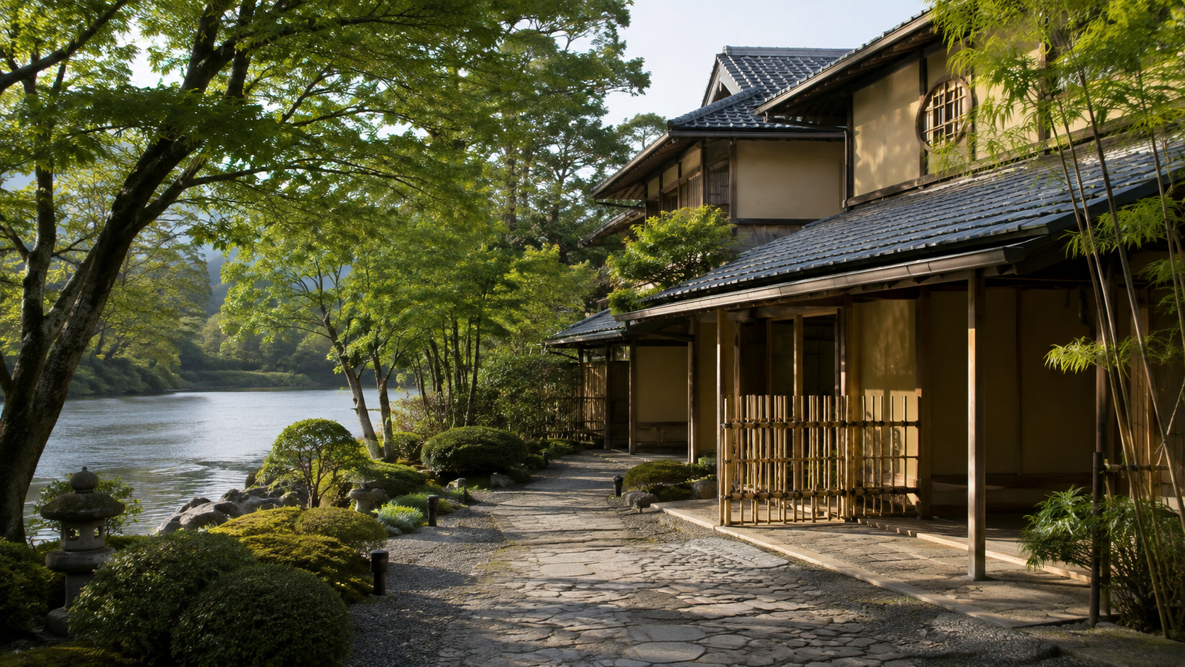 arashiyama-garden.jpg 京都吉兆 嵐山本店をイメージした川沿いの日本建築と庭園