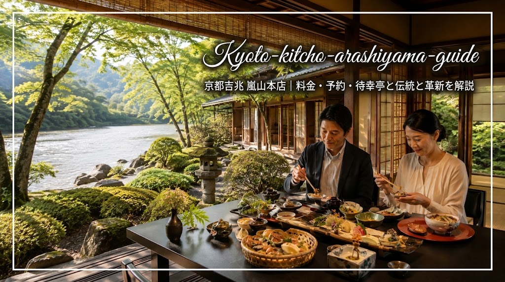 京都吉兆 嵐山本店をイメージした懐石料理と嵐山の庭園・川の風景
