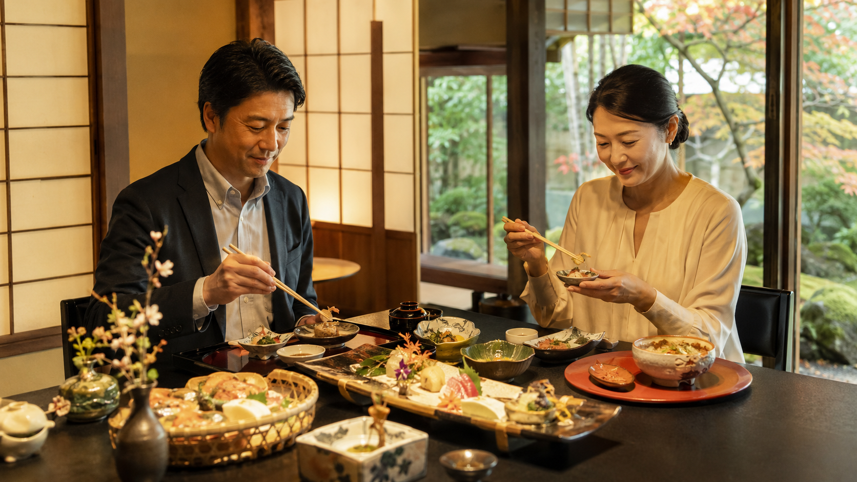 京都吉兆 嵐山本店をイメージした季節の懐石料理と和室での食事風景