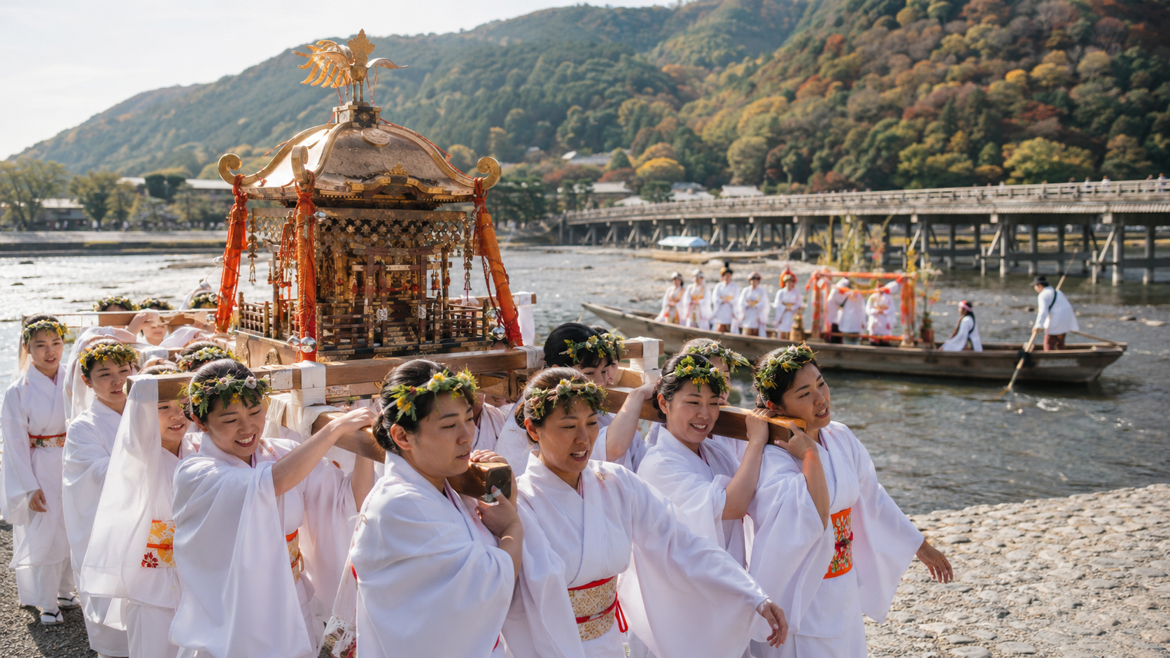 松尾大社八朔祭の女神輿と渡月橋付近の船渡御をイメージした風景