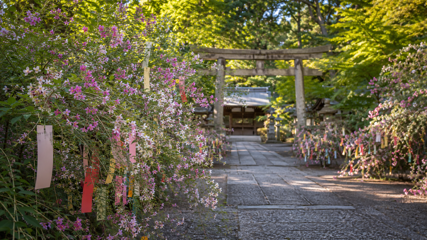 梨木神社の参道を彩る萩の花と短冊をイメージした秋の境内