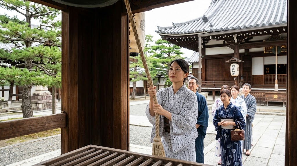 京都の六道珍皇寺で、日本人女性がお迎え鐘の太い綱を引き、先祖の精霊を呼び迎えている。