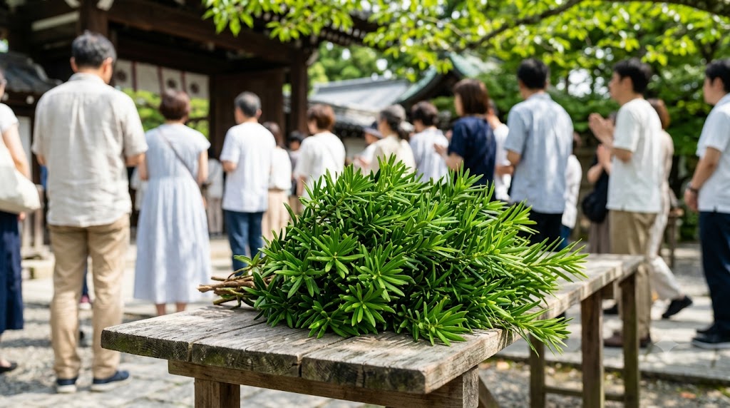 六道珍皇寺の境内に用意された高野槙の束。青々とした葉が並び、奥には参拝の順番を待つ軽装の日本の人々が写っている。精霊迎えの行事における重要な依代。