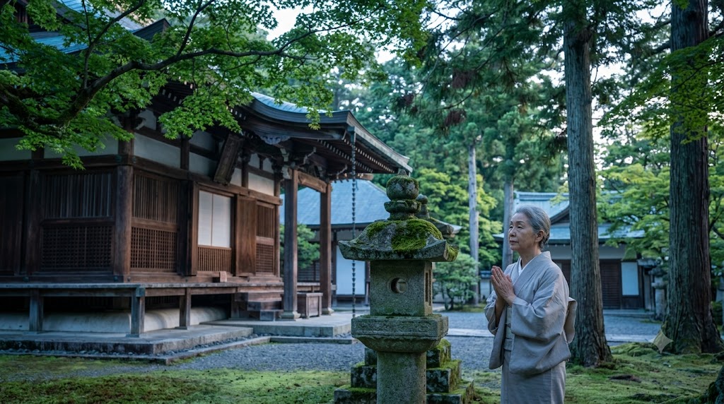 京都の六道珍皇寺境内、夏の早朝。混雑を避けた静かな時間帯に参拝する日本の高齢女性。歴史的な木造建築が朝露に濡れ、荘厳な空気が漂っている。
