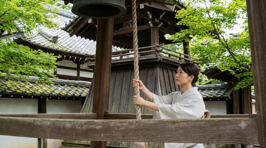 京都の六道珍皇寺で、迎え鐘を鳴らすために鐘楼から伸びる綱を引く日本の女性。真剣な表情で鐘の音を響かせ、ご先祖を現世へ呼び寄せる。周囲には夏の青葉。