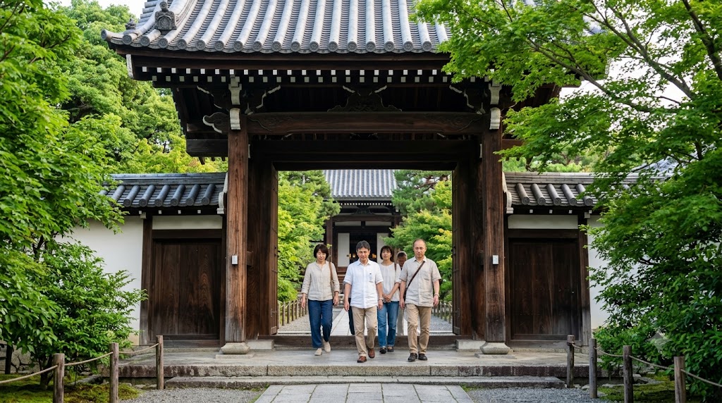 京都東山にある六道珍皇寺の山門前で、夏の朝の静けさの中、お盆行事「六道まいり」に訪れた日本の人々が参道を歩く様子。緑が青々と茂っている。