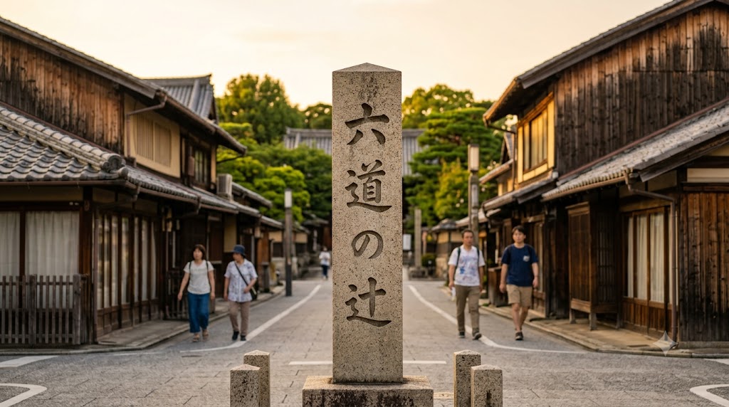 京都東山にある「六道の辻」の石碑。あの世とこの世の境目とされる場所で、六道珍皇寺の門前に立つ。碑の奥には歴史的な町並みとお盆行事に訪れた日本の人々の姿。