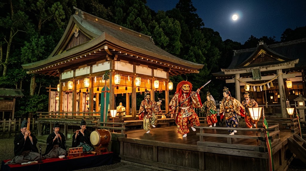 下鴨神社の名月管絃祭で満月の下、橋殿の舞台にて奉納される舞楽と雅楽の演奏