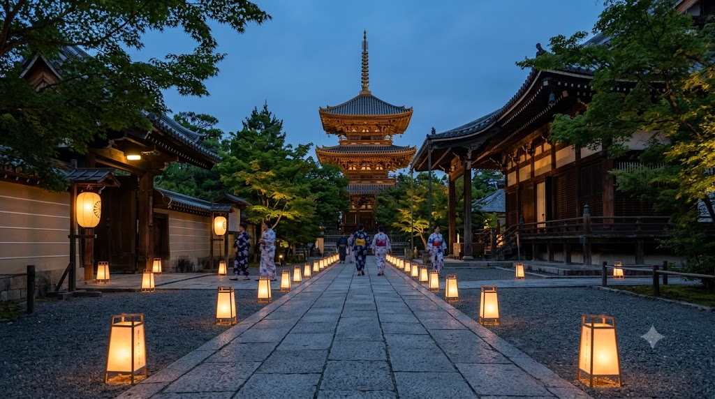 夕暮れの京都の寺院で、灯籠の光に照らされた石畳を歩く浴衣姿の参拝客。