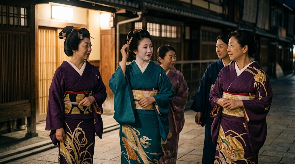 伝統的な日本髪を結い着物を着て京都祇園の街並みを歩く女性たち