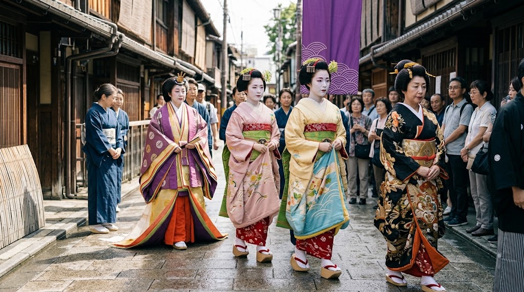 京都祇園の花見小路を巡行する櫛まつりの日本髪と時代風俗行列