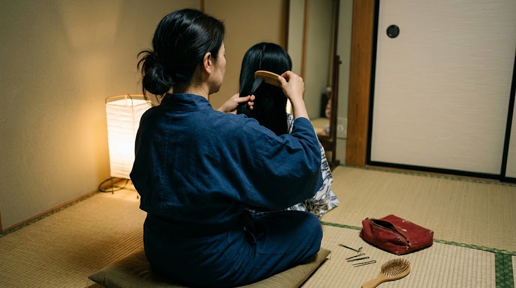 櫛まつりに向けて伝統的な道具を使い地髪で日本髪を結い上げる職人の様子