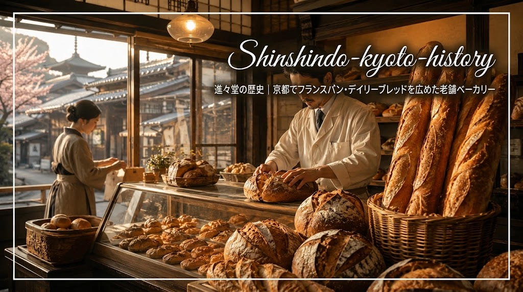 京都の老舗ベーカリーでフランスパンが並ぶ進々堂の歴史を感じる店内風景