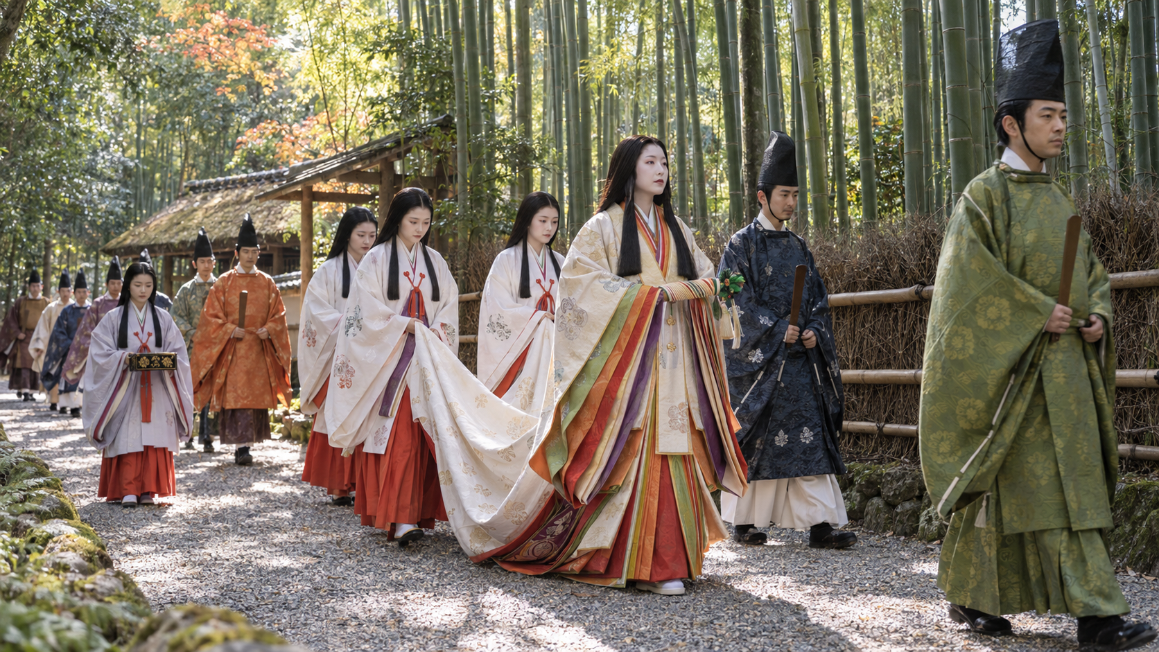 京都・嵐山の竹林を平安装束の斎宮代と女官が進む斎宮行列