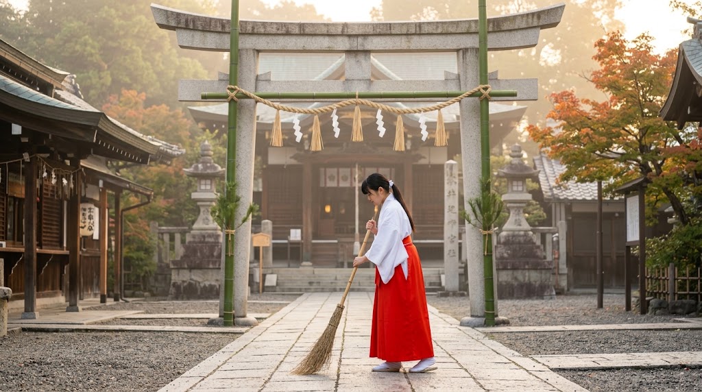 秋の早朝、京都・東山の安井金比羅宮にて、紅白の巫女装束をまとった巫女が竹ぼうきで石畳の参道を掃き清めている。鳥居には大祭の始まりを告げる結界の青竹と注連縄が張られている。