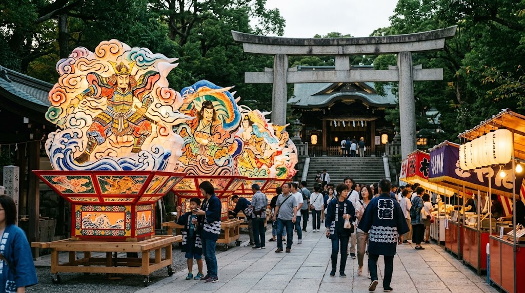 粟田神社の鳥居前や参道に展示された色鮮やかな大燈呂と屋台の提灯を見上げる参拝客