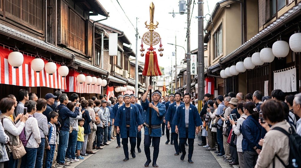 白装束の担ぎ手たちによって威勢よく担がれ東山の通りを進む粟田神社の金色の神輿渡御