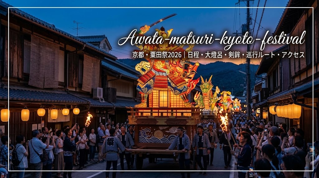 夕暮れ時の東山の町並みを提灯の明かりとともに行列で進む京都・粟田祭の巨大な大燈呂