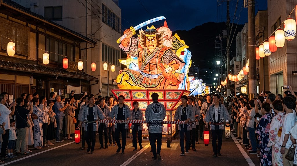 法被を着た引き手たちによって夜の街道を力強く曳行される粟田祭の巨大な武者姿の大燈呂