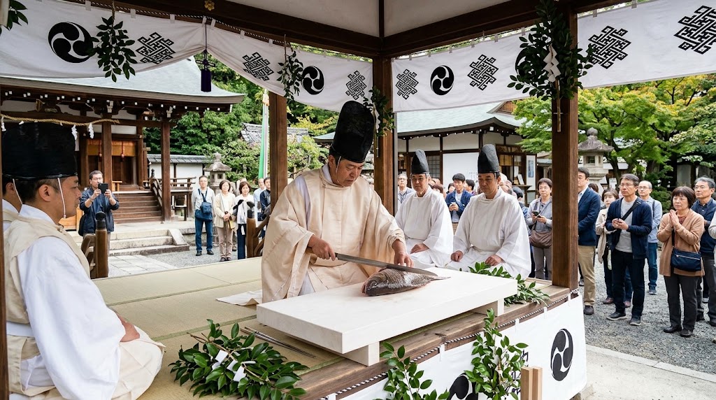 粟田神社の舞殿で烏帽子姿の職人が魚に手を触れず包丁と箸のみでさばく伝統的な式庖丁の奉納