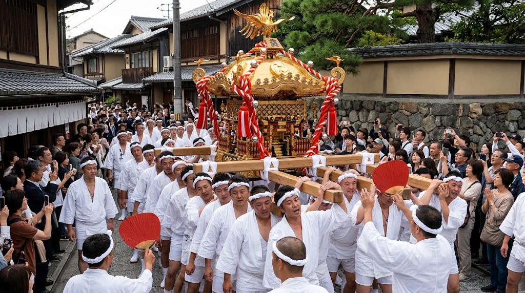 東山の町家が並ぶ街道を鉾差しによって鈴を響かせながら進む粟田祭の剣鉾巡行