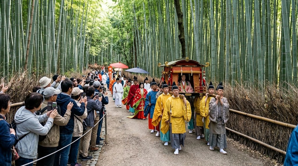 嵐山・嵯峨野の「竹林の小径」を進む「斎宮行列」。斎宮代を乗せた輿(こし)と平装束の列を、沿道から多くの観光客が撮影している様子。