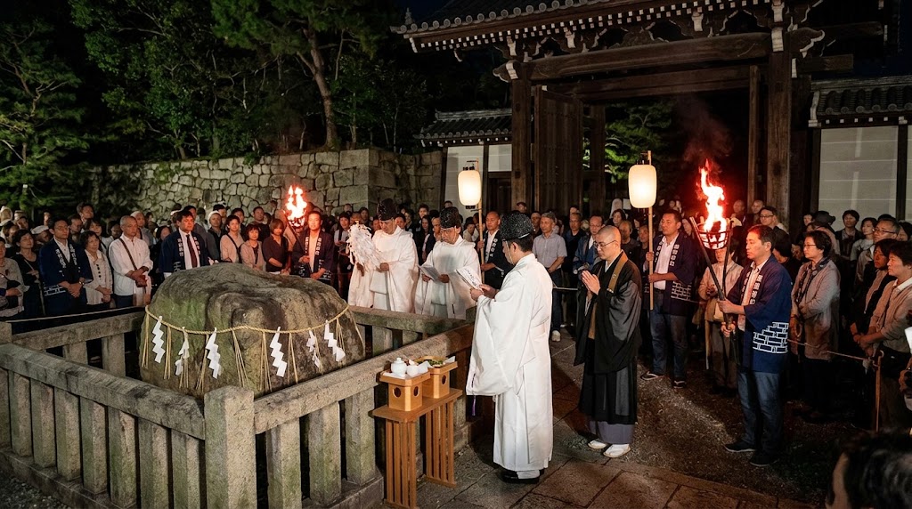 知恩院の瓜生石前で松明の炎に照らされながら神職と僧侶が合同で執り行う粟田祭のれいけん祭