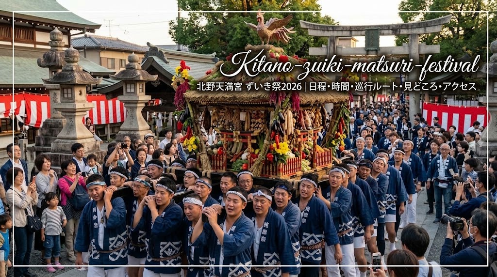 北野天満宮のずいき祭で、秋の夕暮れ時に大勢の担ぎ手たちによって威勢よく担がれる、野菜や植物で飾られた「ずいき神輿（瑞饋御輿）」