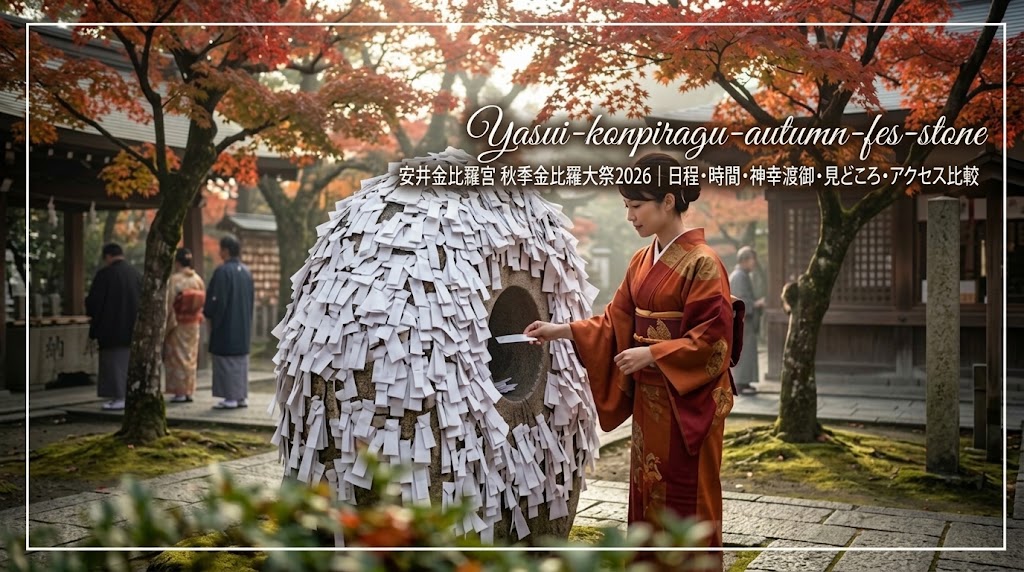 京都・東山の安井金比羅宮にて、秋の柔らかな朝陽を浴び、色づき始めた紅葉の下、独自の景観を持つ「形代（かたしろ、祈願の和紙）」に完全に覆われた「縁切り縁結び碑」の穴を、秋色の着物を着た日本人女性が潜り抜けようとしている。