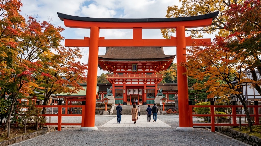 10月の爽やかな秋の日に、伏見稲荷大社の本殿と手前の大きな鳥居を、周囲の紅葉し始めた木々とともに捉えた厳かな風景。
