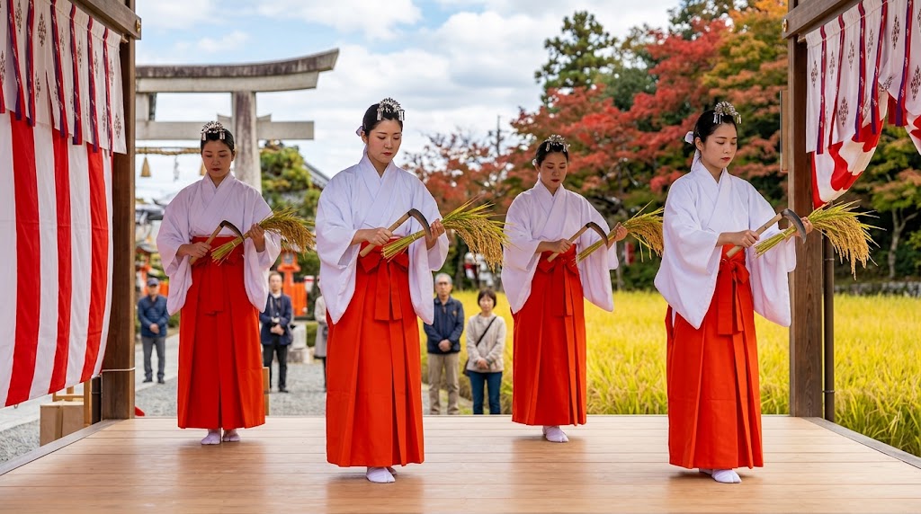 秋の神田の畔で、緋色の袴と白い上着を身にまとった4人の日本人巫女（神楽女）が、左手に黄金色の稲穂、右手に小さな鎌を持って、優雅に神楽舞「抜穂舞」を舞っている様子。