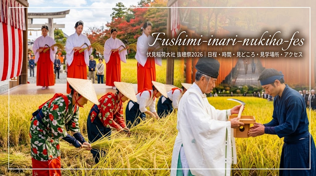 伏見稲荷大社の抜穂祭2026を紹介するアイキャッチ画像。秋の千本鳥居、黄金色の神田での早乙女姿の稲刈り、巫女の抜穂舞、神職の儀式を合成した、祭りの魅力を伝えるビジュアル。