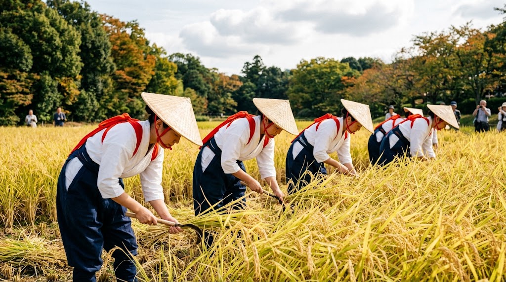 伏見稲荷大社の神田（しんでん）で、黄金色に実った稲を、菅笠（すげがさ）を被り茜色の襷（たすき）をかけた伝統的な早乙女姿の日本人女性たちが、手作業で鎌を使って丁寧に刈り取っている様子。
